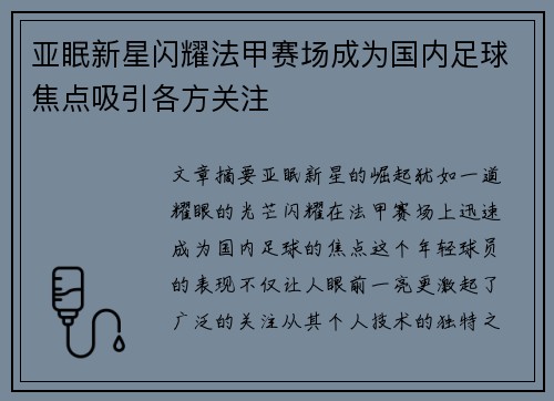 亚眠新星闪耀法甲赛场成为国内足球焦点吸引各方关注