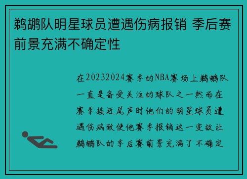 鹈鹕队明星球员遭遇伤病报销 季后赛前景充满不确定性