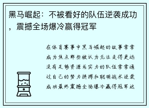黑马崛起：不被看好的队伍逆袭成功，震撼全场爆冷赢得冠军