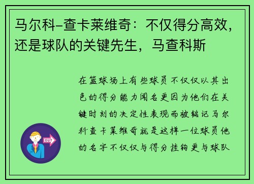 马尔科-查卡莱维奇：不仅得分高效，还是球队的关键先生，马查科斯